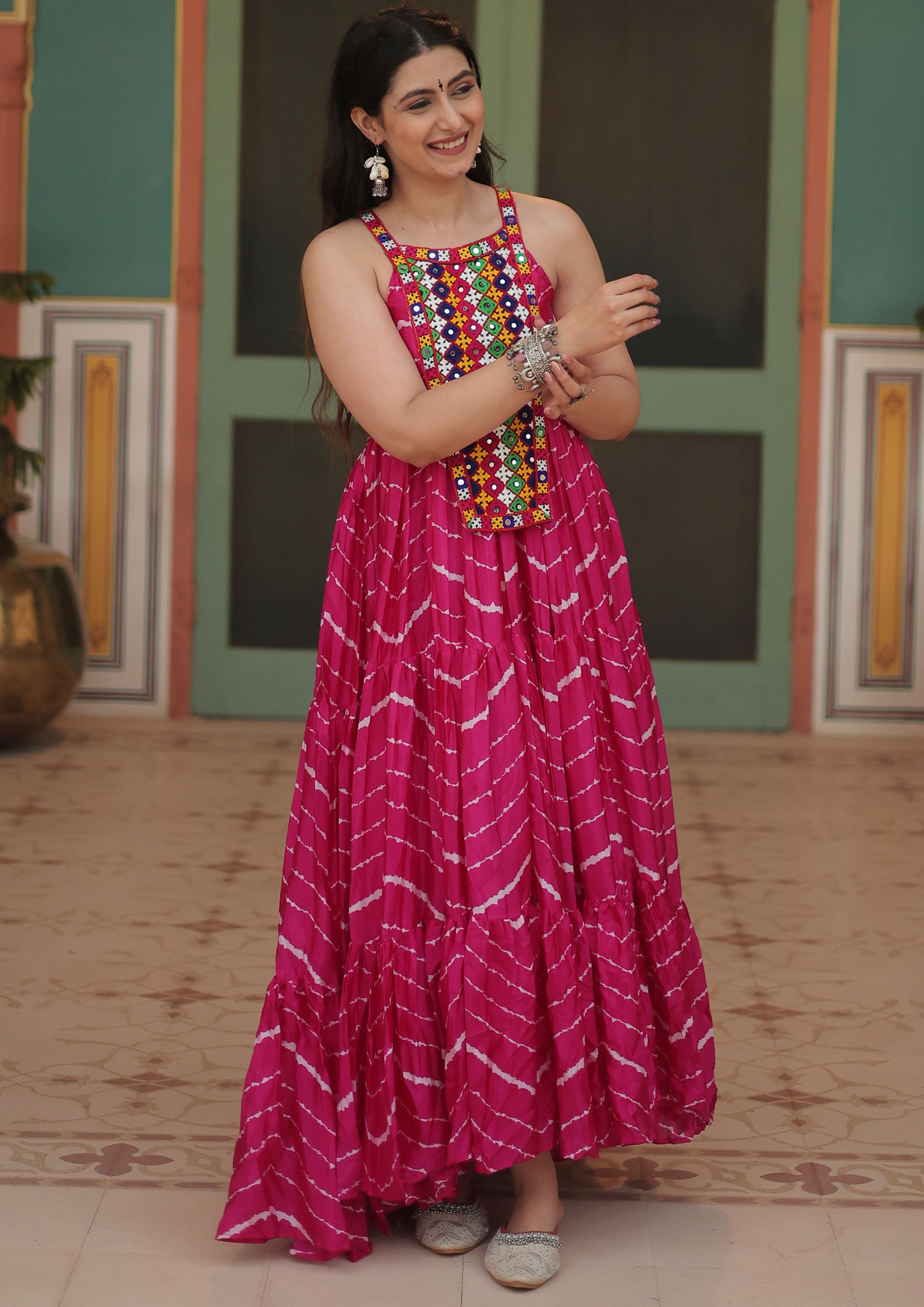 Pink Color Chinnon Lehriya Print Gown For Navratri