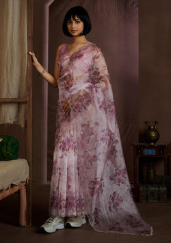 Lavender Color Floral Print Soft Organza Saree