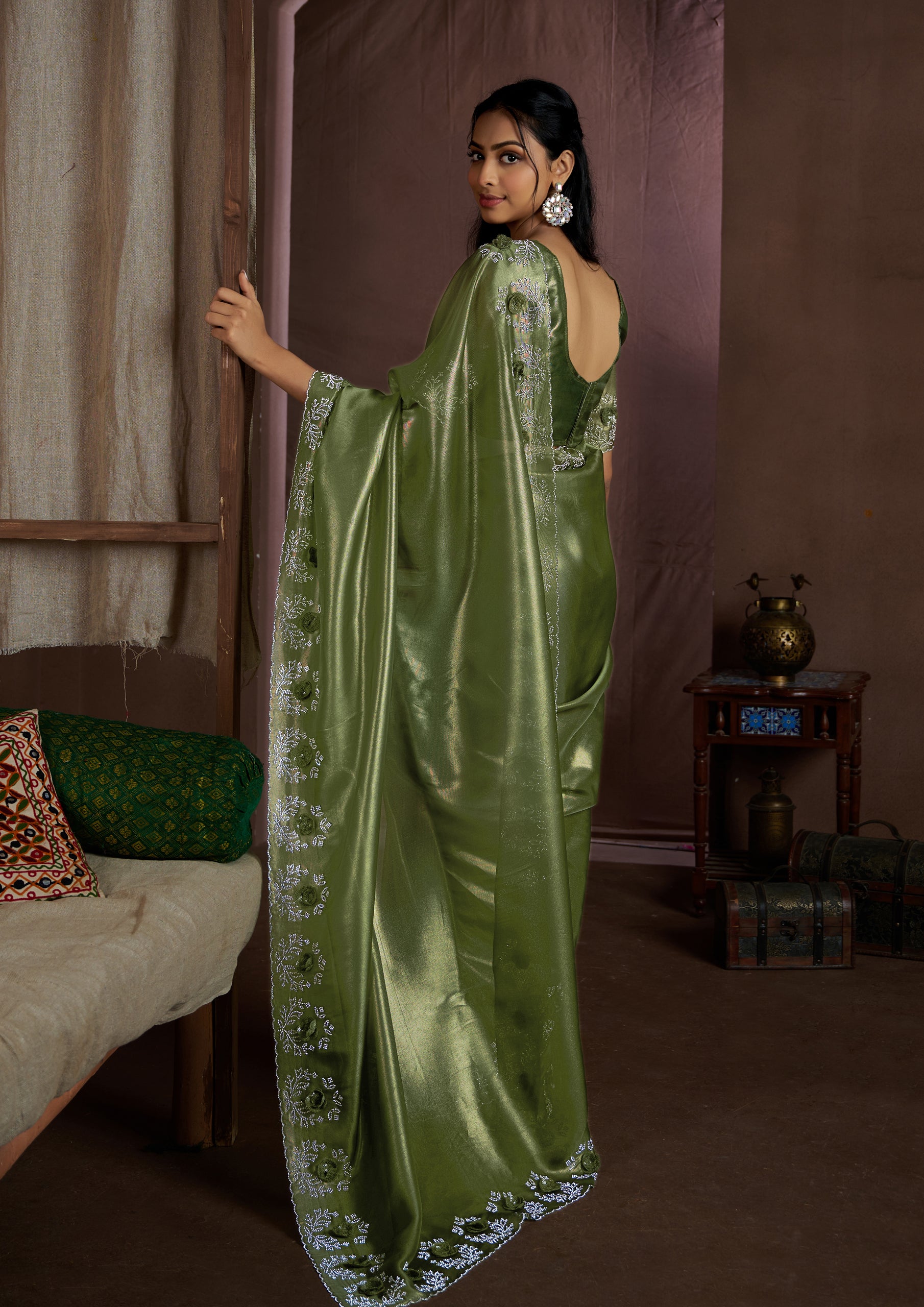 Green Color Silk Sequins  Applique Flower Work Saree