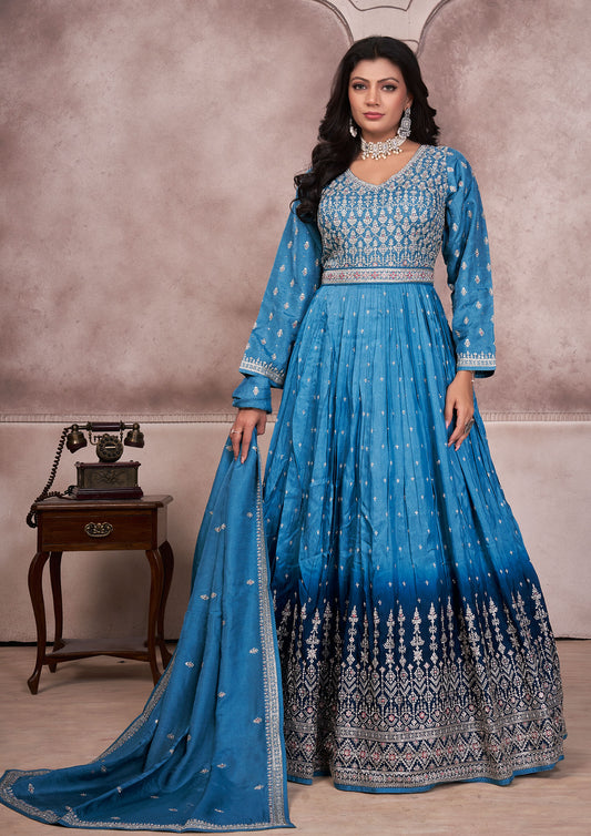 Blue Color Silk Sequins Work Long Anarkali Gown