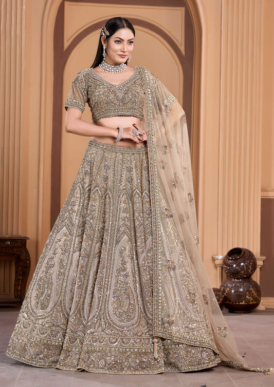 A stunning beige lehenga adorned with intricate embroidery and delicate net work.