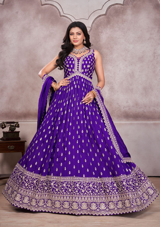Classic Violet Color Silk Sequins Work Long Anarkali Gown