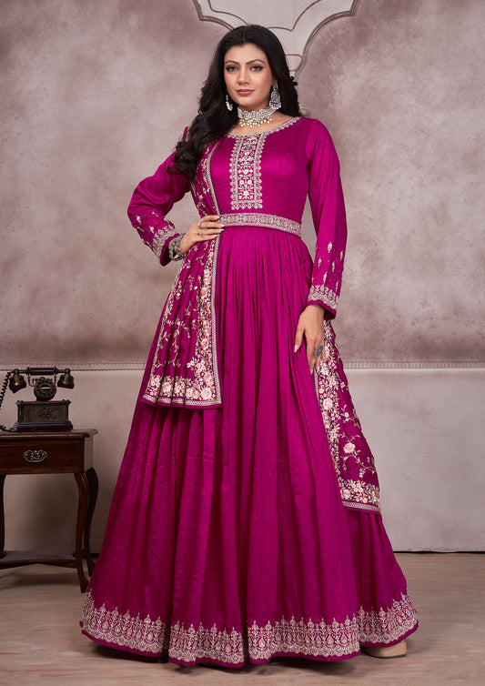 Rani Pink Color Silk Sequins Work Long Anarkali Gown