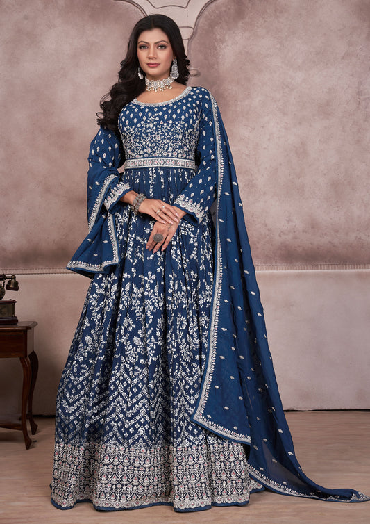 Blue Color Silk Sequins Work Long Anarkali Gown