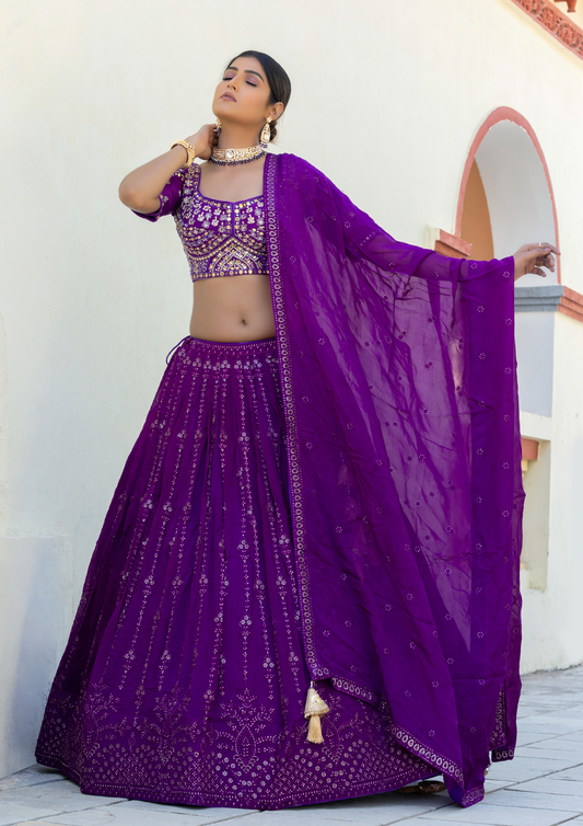 Purple Color Chiffon Sequins Work Wedding Wear Lehenga