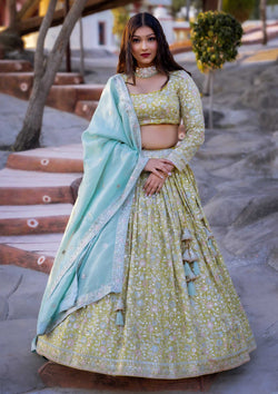 Lime Yellow Color Chiffon Lehenga For Mehndi