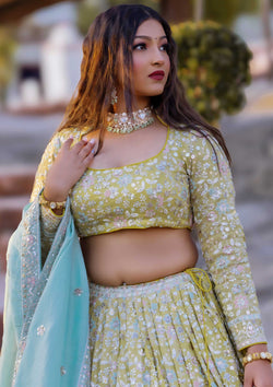 Lime Yellow Color Chiffon Lehenga For Mehndi