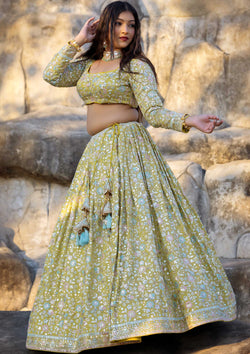 Lime Yellow Color Chiffon Lehenga For Mehndi